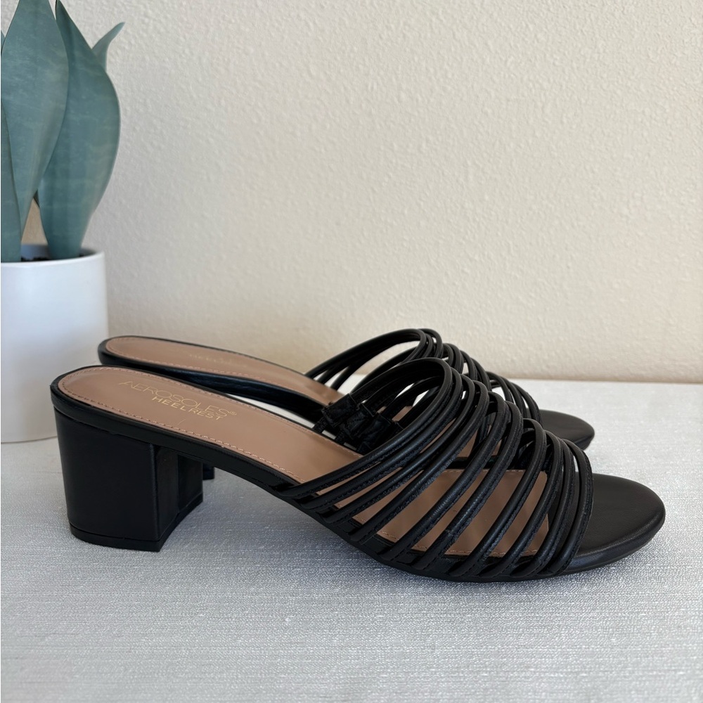 Aerosoles Heelrest Mid Afternoon Black Leather Strappy Slide Sabdals Women’s 11M